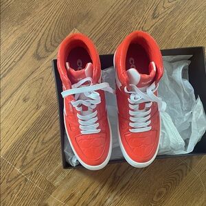 Men’s 7.5 Coach Orange & White High Top Fashion Sneakers (fits woman size 9 too)